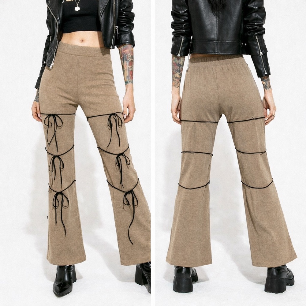 WIN WIN Stretch Flare Pants Lace Up Detail High Waist Flares Taupe Tan Size S